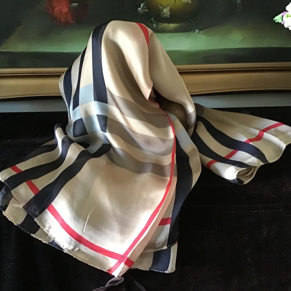 Women silk oversized Nava Check Plaid long scarf shawl wrap 36"x70" Tan